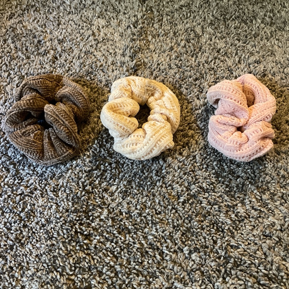 Set of Three Knit Hair Scrunchies - Brown, Cream, Pink
